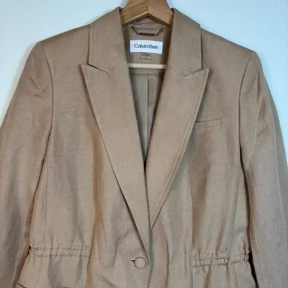 NWOT Calvin Klein Womens Linen Cinched Blazer Size 6 One Button Tan Breathable - Picture 6 of 14
